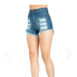 GJG Denim Womens Frayed Hem High Waist Blue Denim Jean Shorts